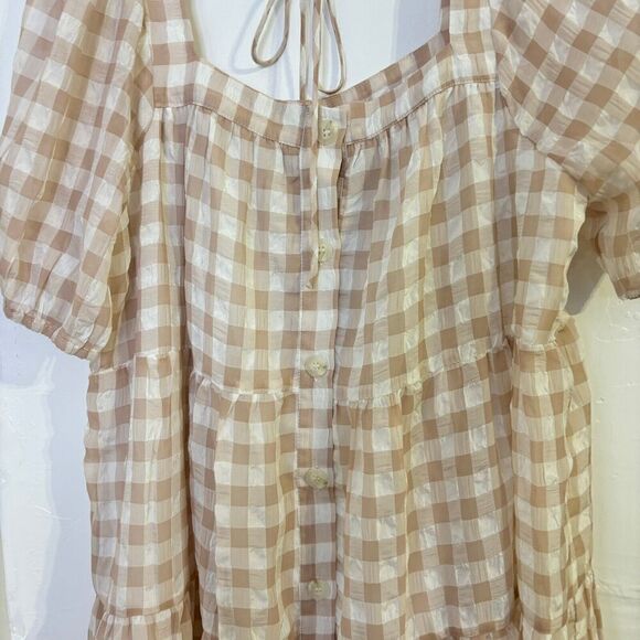 En Saison Value Mini Dress M White Rust Pink Gingham Puff Sleeve Tie Back Tiered - Picture 8 of 12